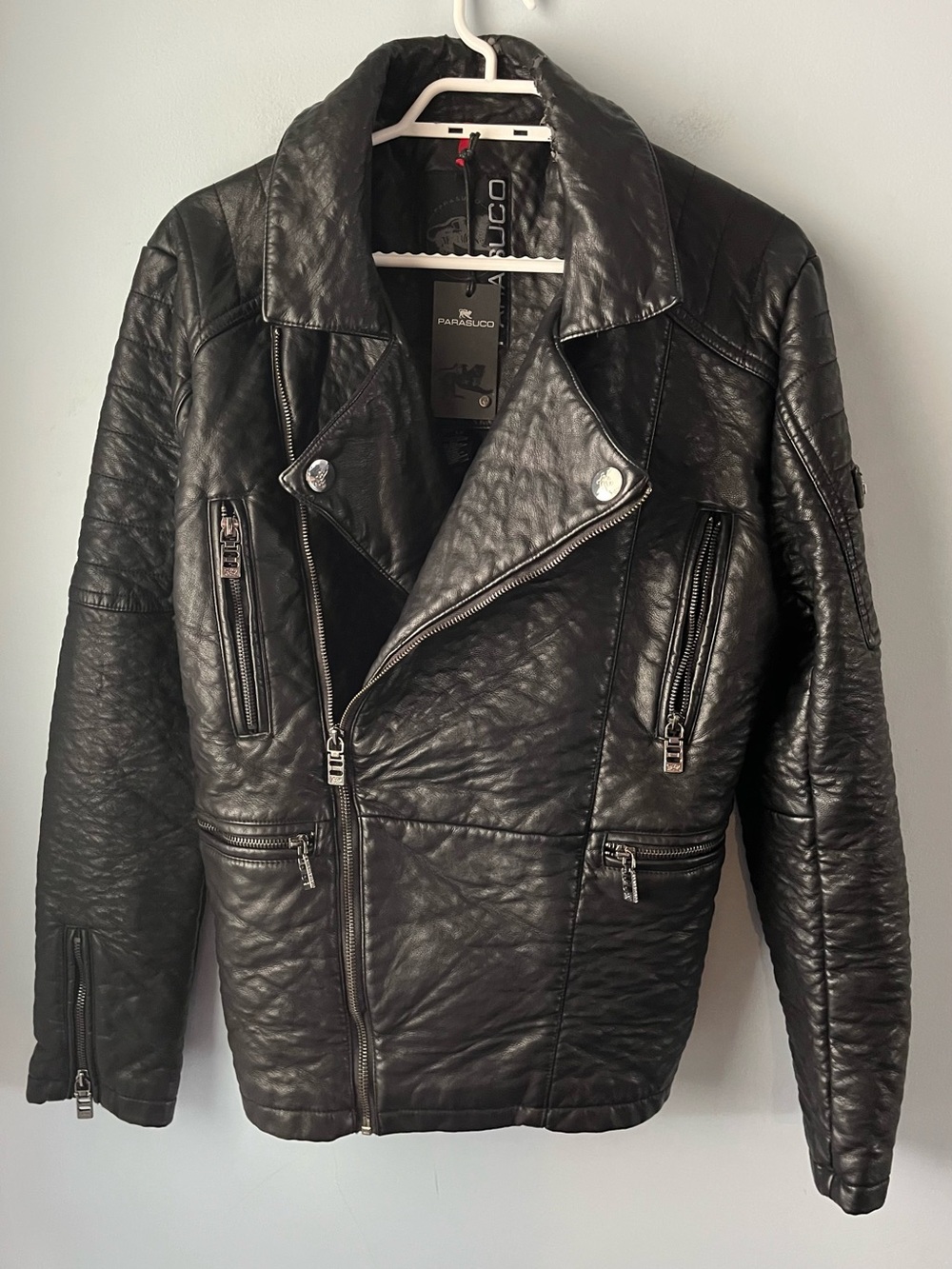 NWT Parasuco Black Faux Leather Moto Biker Jacket Y2K Quilted Motorcycle Size S